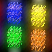 A graphic illustration of hybrid perovskite materials displaying different colors